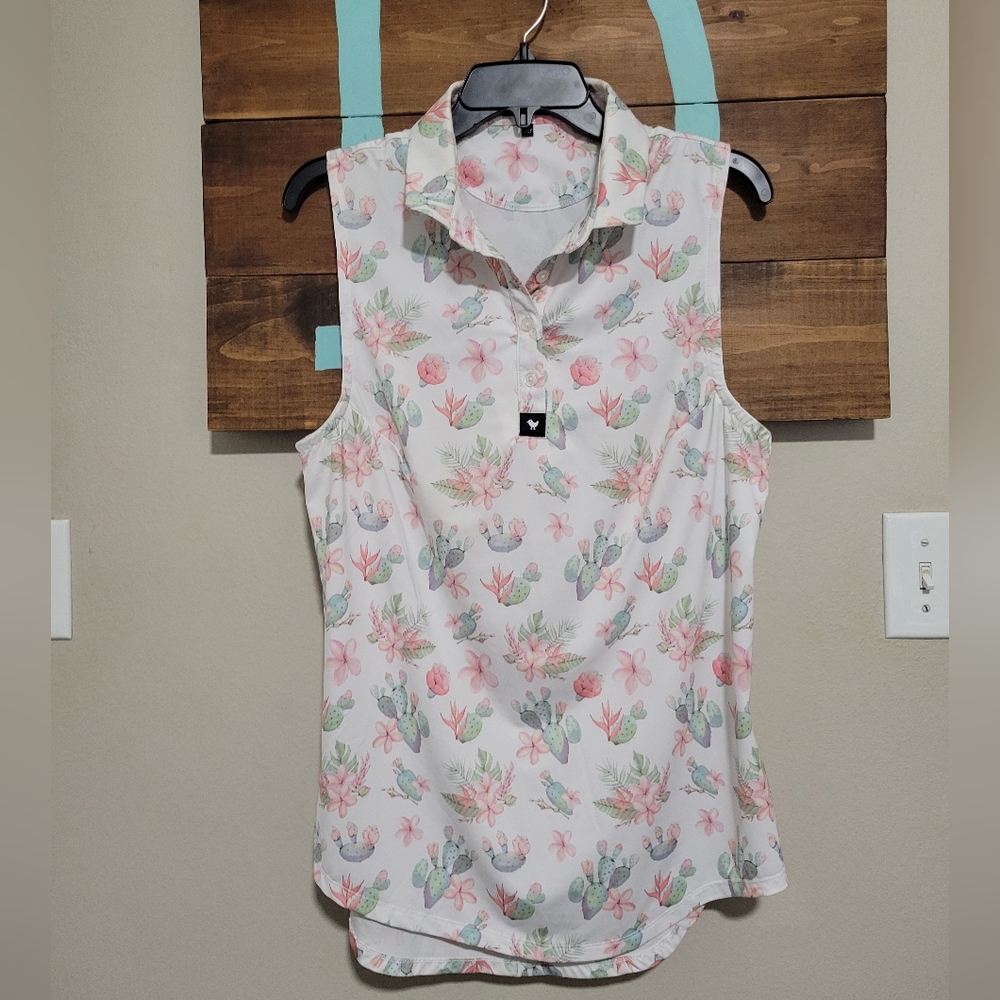 Bad Birdie Floral Cactus Print Sleeveless Tennis PickleBall Blouse Size XL